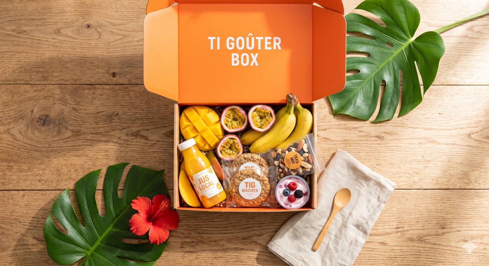 La Ti Goûter Box ouverte vue de dessus avec fruits tropicaux et jus