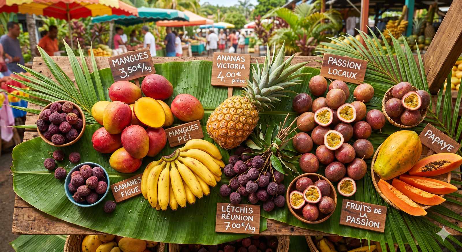 Fruits tropicaux réunionnais au marché péi — mangue, litchi, ananas, passion
